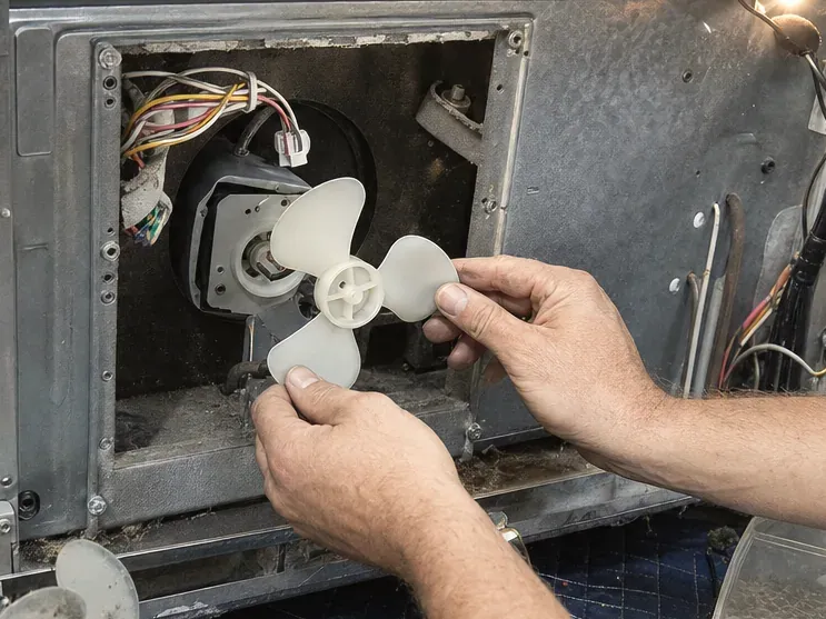 Hands pressing a white fan blade onto a motor shaft inside an opened metal panel.