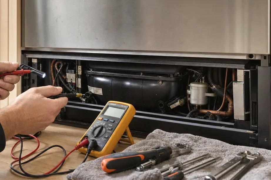 Open compressor bay below a stainless refrigerator, the technician's test leads running to a yellow multimeter on a grey towel with hand tools.