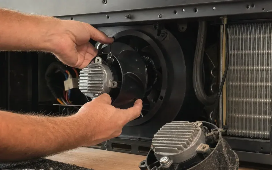 Hands fitting a finned fan motor into its round black shroud, the condenser coil to the right and the old motor on the floor.