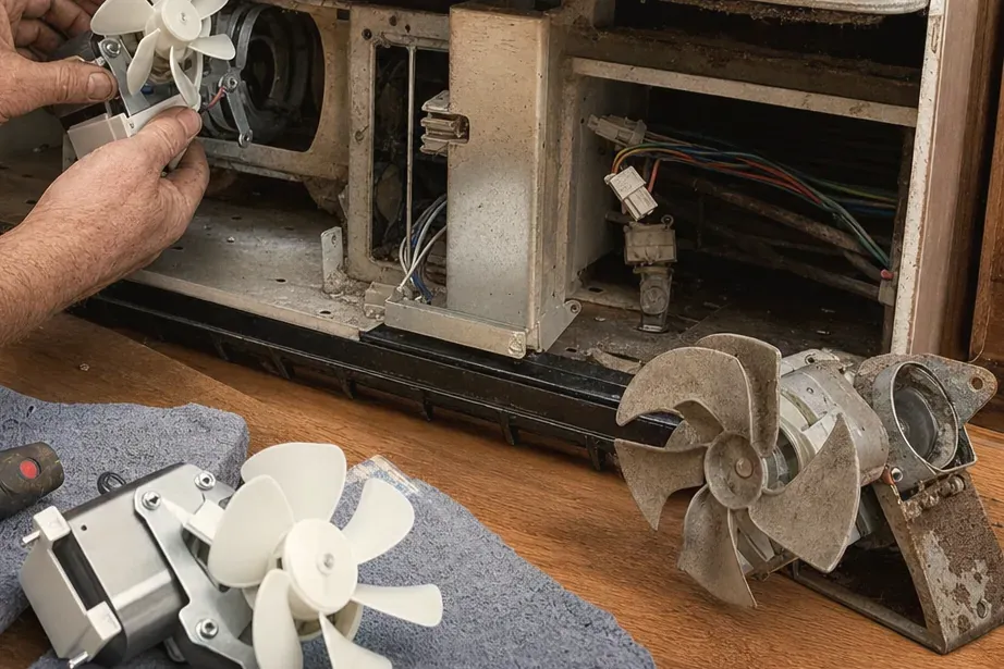Two removed fan motors with white and beige blades on a cloth in front of an opened refrigerator base, a technician holding another.