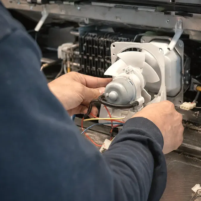 Technician in a navy sleeve holding a small fan motor with a white blade over an open machine compartment.